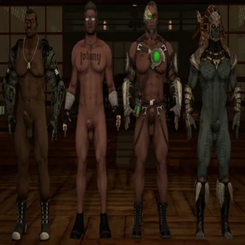 Thumbnail image for Nude Mortal Kombat X male models. Johnny Cage, Jax, Kano, and Kotal Kahn