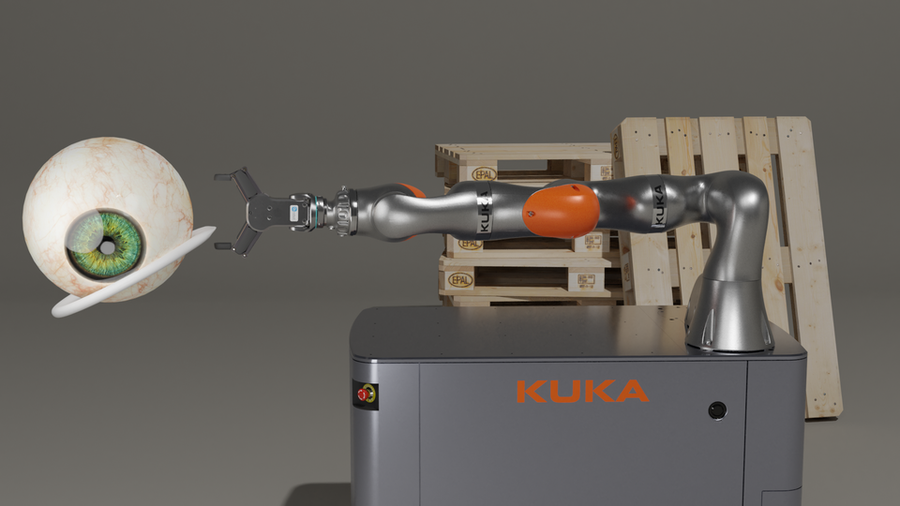 KUKA iiwa articulated arm robot on a self-propelled robot platform.